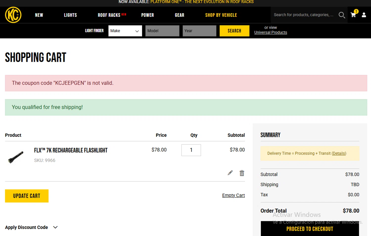 KC Hilites discount code screenshot showing code KCJEEPGEN applied at KC Hilites checkout page. Uploaded by SimplyCodes community member Gary_23 on Sep 12, 2025