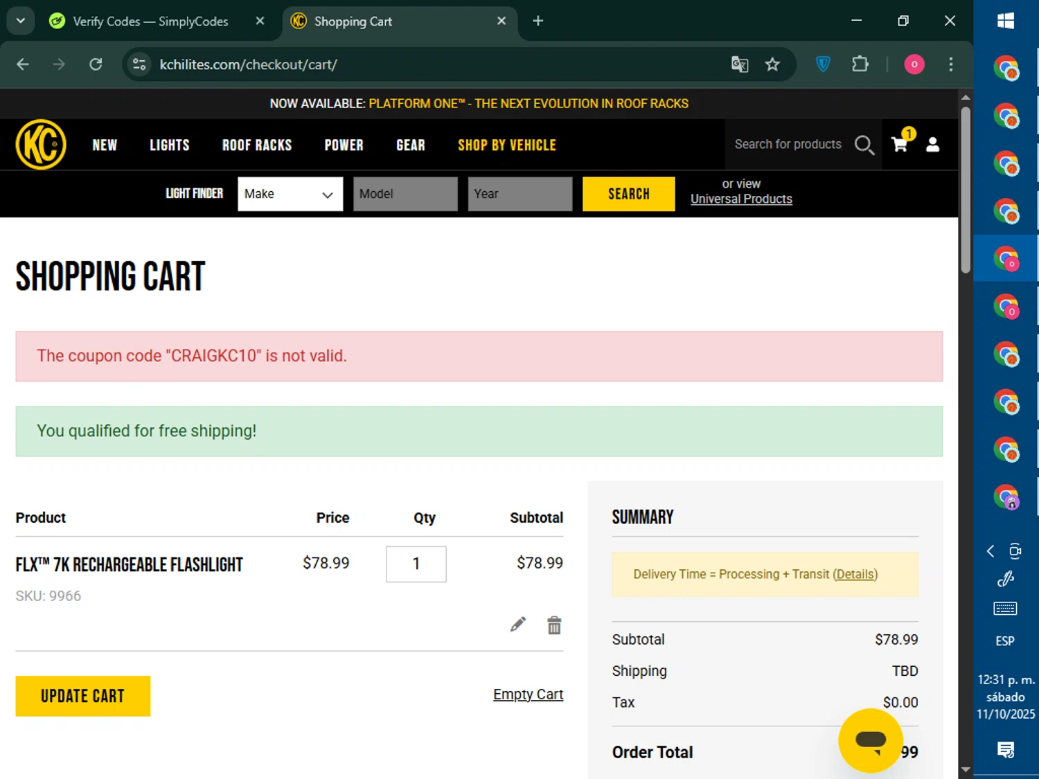 KC Hilites discount code screenshot showing code CRAIGKC10 applied at KC Hilites checkout page. Uploaded by SimplyCodes community member RebateNavigator926 on Oct 11, 2025