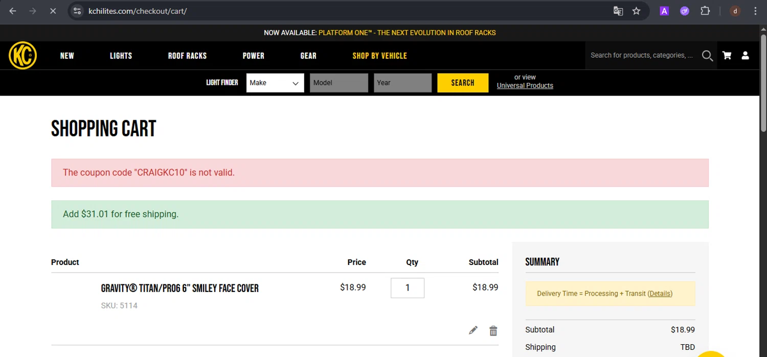 KC Hilites discount code screenshot showing code CRAIGKC10 applied at KC Hilites checkout page. Uploaded by SimplyCodes community member VoucherSpotter9376 on Oct 11, 2025