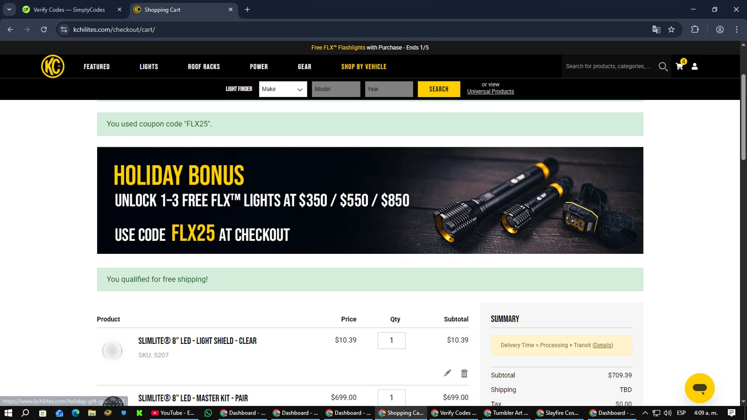 KC Hilites discount code screenshot showing code FLX25 applied at KC Hilites checkout page. Uploaded by SimplyCodes community member MoneyPilot9165 on Dec 24, 2025