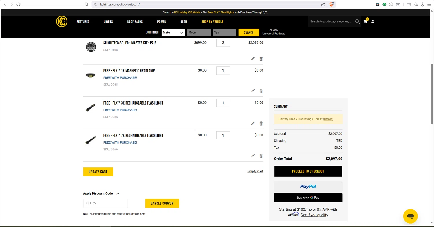 KC Hilites discount code screenshot showing code FLX25 applied at KC Hilites checkout page. Uploaded by SimplyCodes community member dayselis15 on Dec 9, 2025