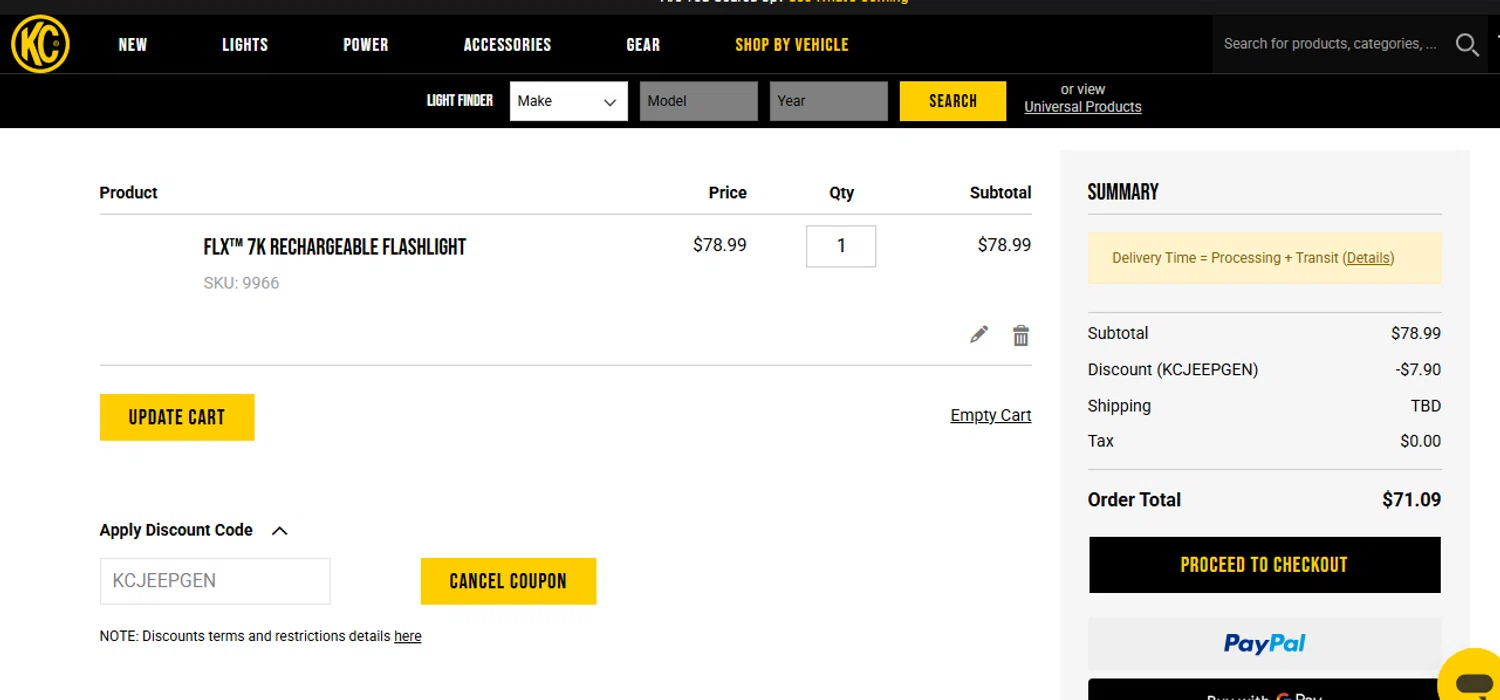 KC Hilites discount code screenshot showing code KCJEEPGEN applied at KC Hilites checkout page. Uploaded by SimplyCodes community member shark12 on Apr 29, 2025
