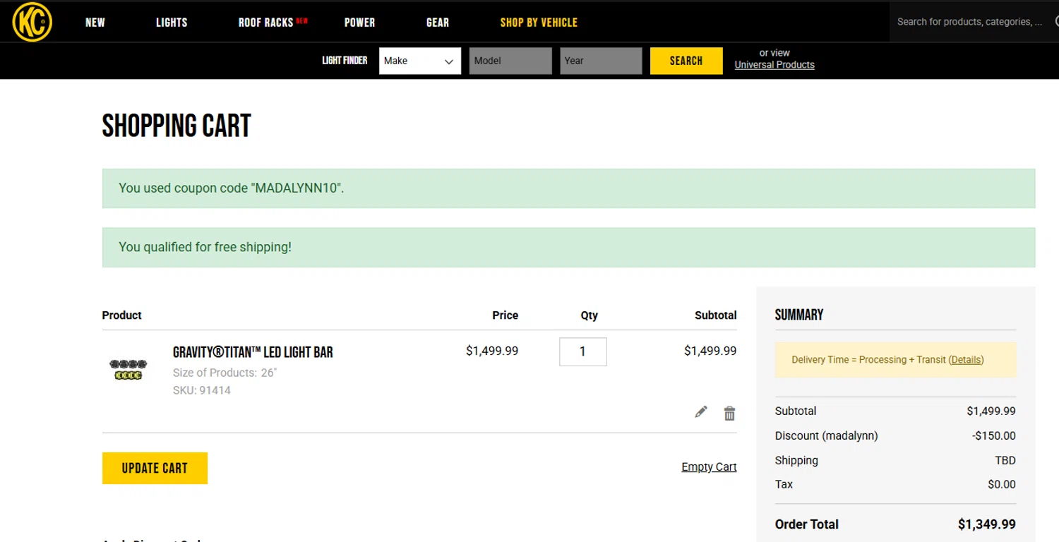 KC Hilites discount code screenshot showing code MADALYNN10 applied at KC Hilites checkout page. Uploaded by SimplyCodes community member yeresojperez on Sep 12, 2025