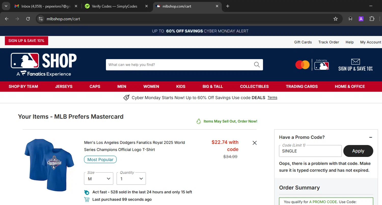 Kansas City Royals coupon code screenshot showing code single applied at Kansas City Royals checkout page. Uploaded by SimplyCodes community member Eminem on Nov 30, 2025