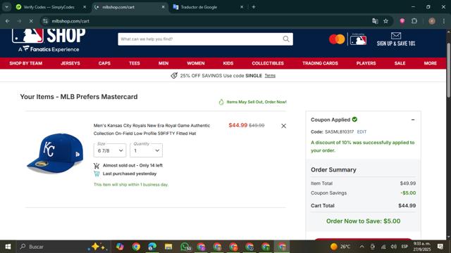 Kansas City Royals checkout page showing Kansas City Royals coupon code box | Screenshot taken by SimplyCodes community member on Sep 27, 2025