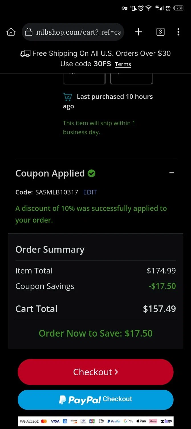 Kansas City Royals coupon code screenshot showing code SASMLB10317 applied at Kansas City Royals checkout page. Uploaded by SimplyCodes community member Xx_Cogeburras3000_xX on May 2, 2025