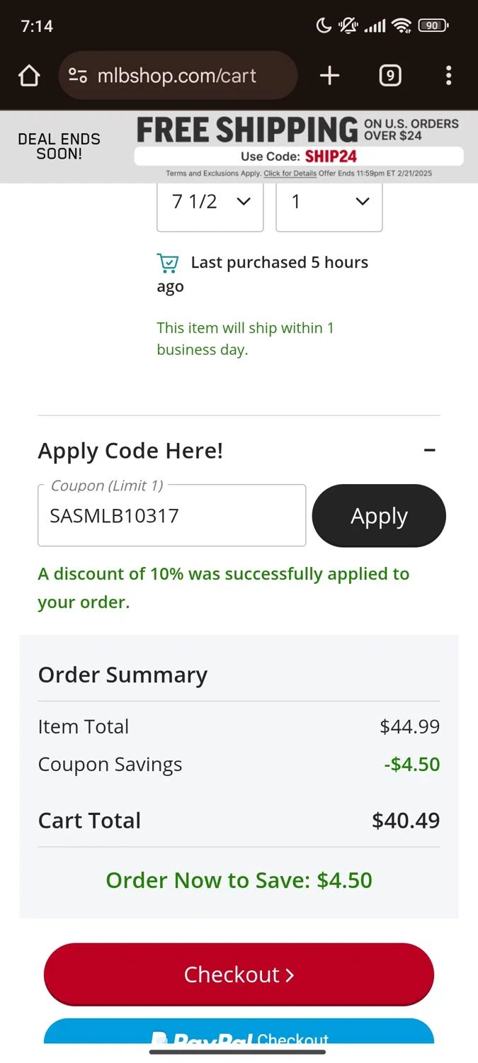 Kansas City Royals coupon code screenshot showing code SASMLB10317 applied at Kansas City Royals checkout page. Uploaded by SimplyCodes community member GoldLynx7797 on Feb 17, 2025