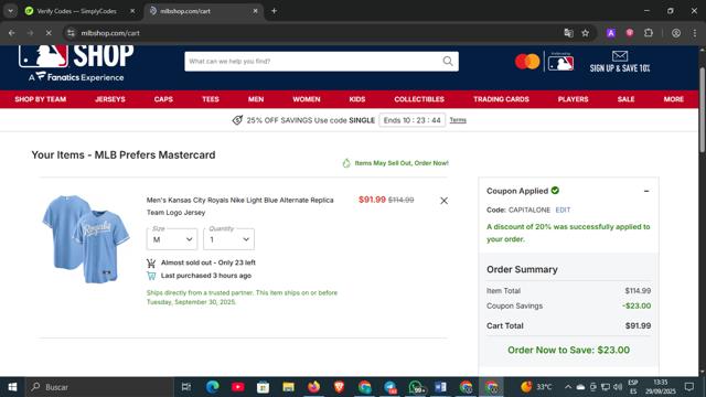 Kansas City Royals checkout page showing Kansas City Royals coupon code box | Screenshot taken by SimplyCodes community member on Sep 29, 2025