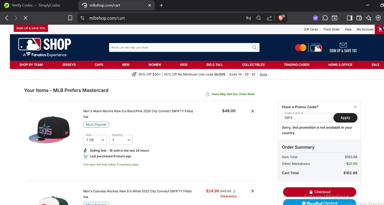 Kansas City Royals coupon code screenshot showing code 29FS applied at Kansas City Royals checkout page. Uploaded by SimplyCodes community member GloriousTitan3094 on Dec 2, 2025