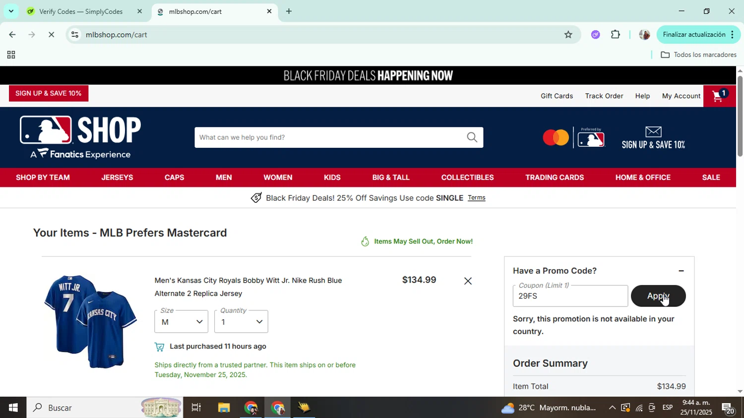 Kansas City Royals coupon code screenshot showing code 29FS applied at Kansas City Royals checkout page. Uploaded by SimplyCodes community member Mujerdejunnior on Nov 25, 2025