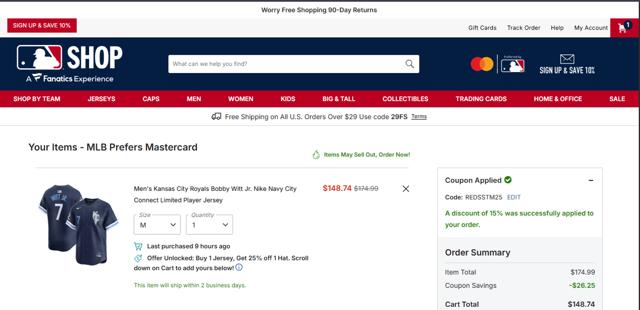 Kansas City Royals checkout page showing Kansas City Royals coupon code box | Screenshot taken by SimplyCodes community member on Sep 2, 2025
