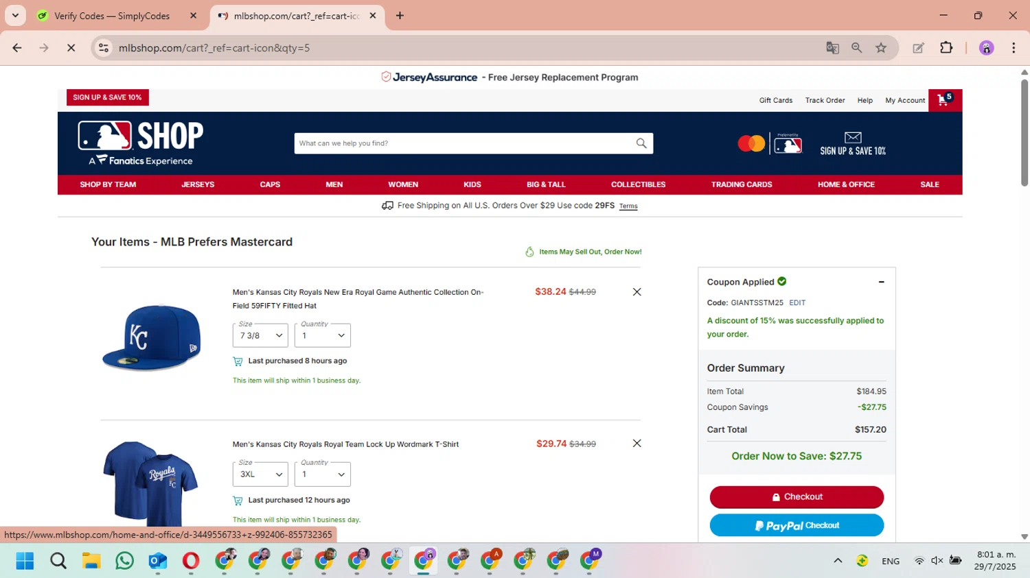 Kansas City Royals coupon code screenshot showing code GIANTSSTM25 applied at Kansas City Royals checkout page. Uploaded by SimplyCodes community member MariAPB on Jul 29, 2025