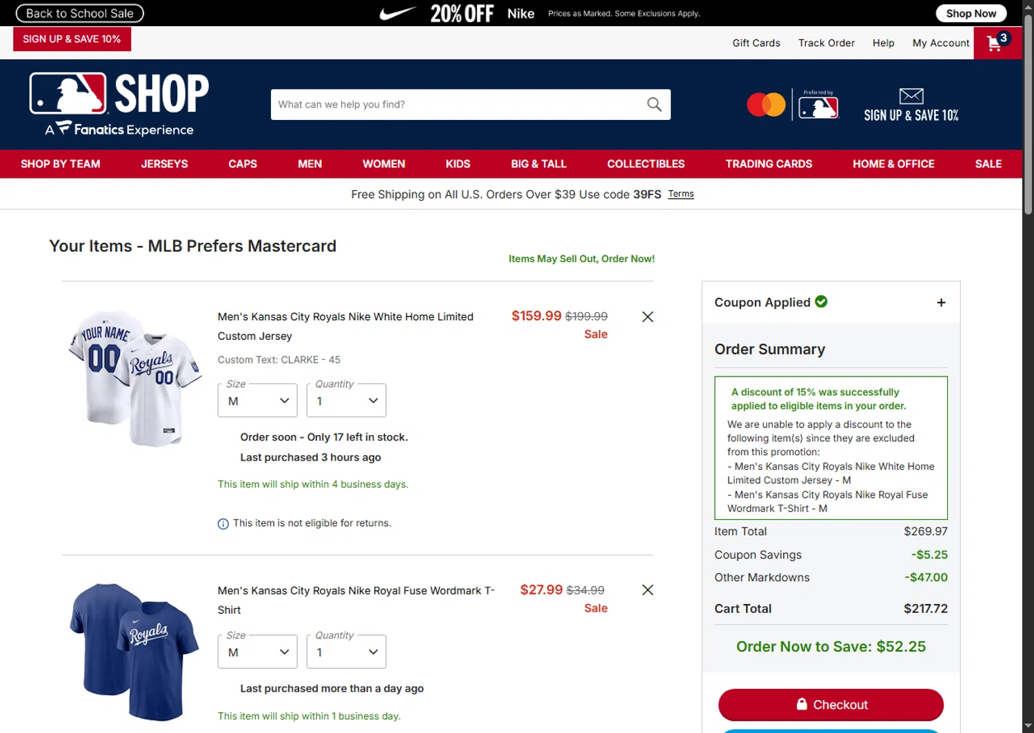 Kansas City Royals coupon code screenshot showing code GIANTSSTM25 applied at Kansas City Royals checkout page. Uploaded by SimplyCodes community member PennyScholar504 on Aug 9, 2025