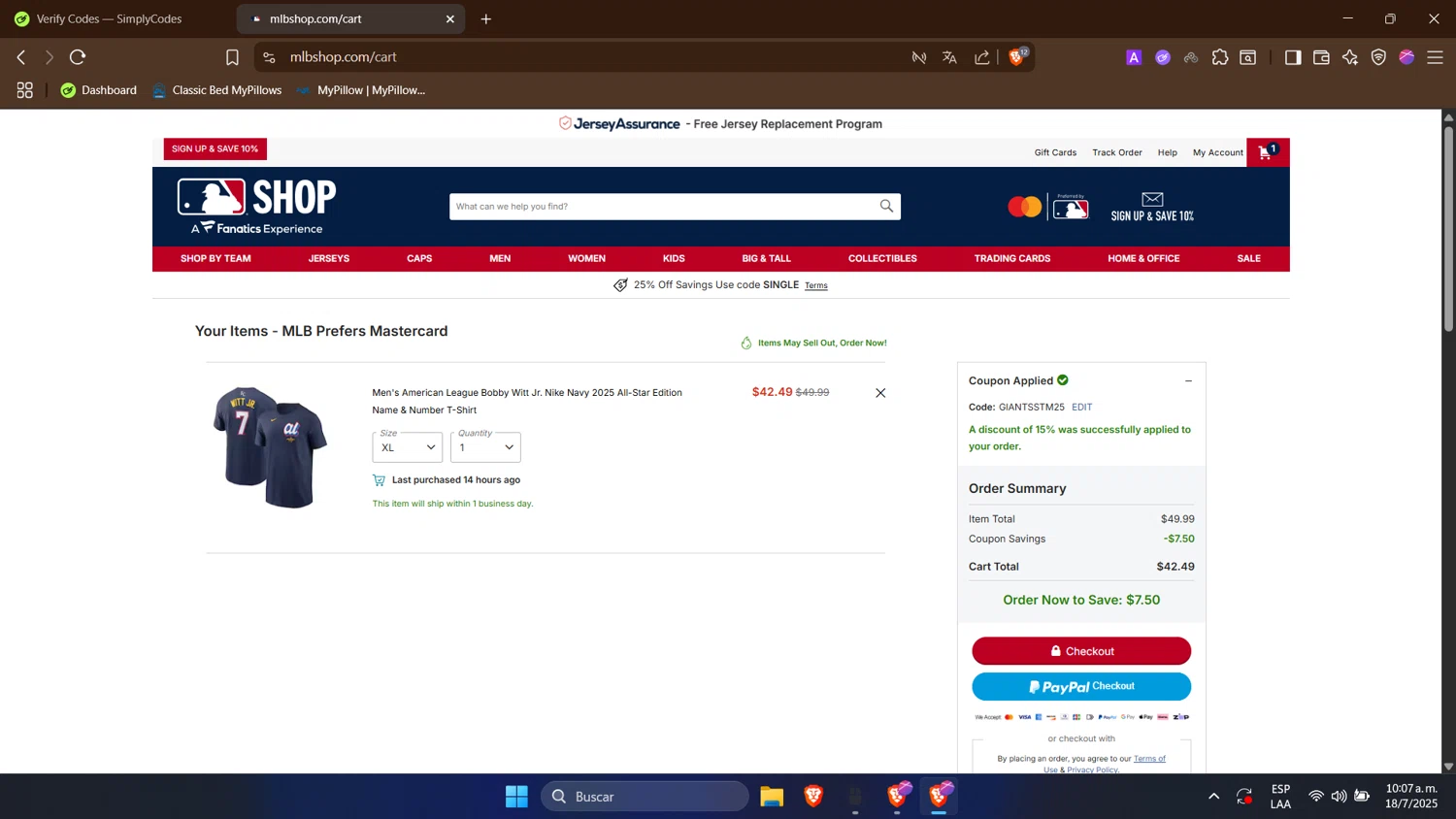 Kansas City Royals coupon code screenshot showing code GIANTSSTM25 applied at Kansas City Royals checkout page. Uploaded by SimplyCodes community member TokenTitan4464 on Jul 18, 2025