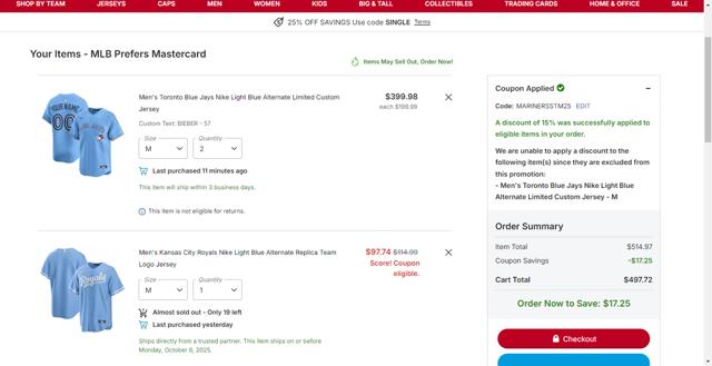 Kansas City Royals checkout page showing Kansas City Royals coupon code box | Screenshot taken by SimplyCodes community member on Oct 5, 2025