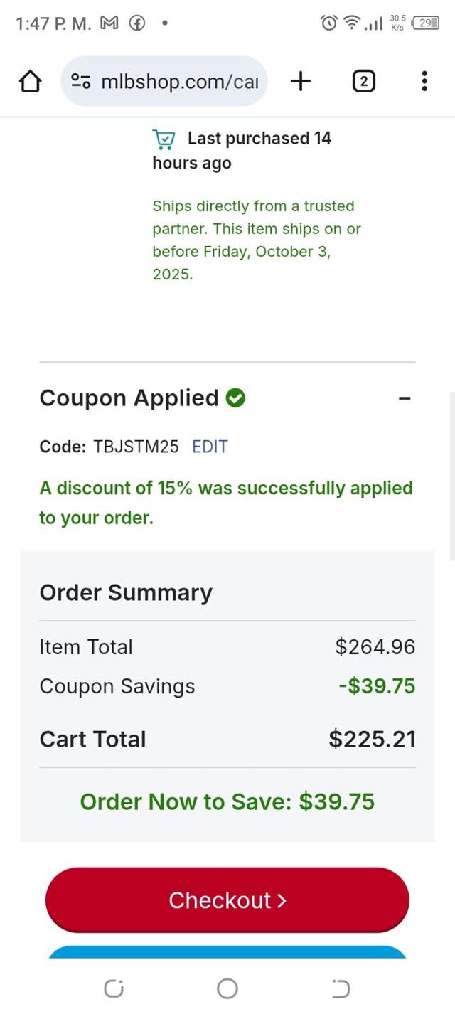 Kansas City Royals checkout page showing Kansas City Royals coupon code box | Screenshot taken by SimplyCodes community member on Oct 2, 2025