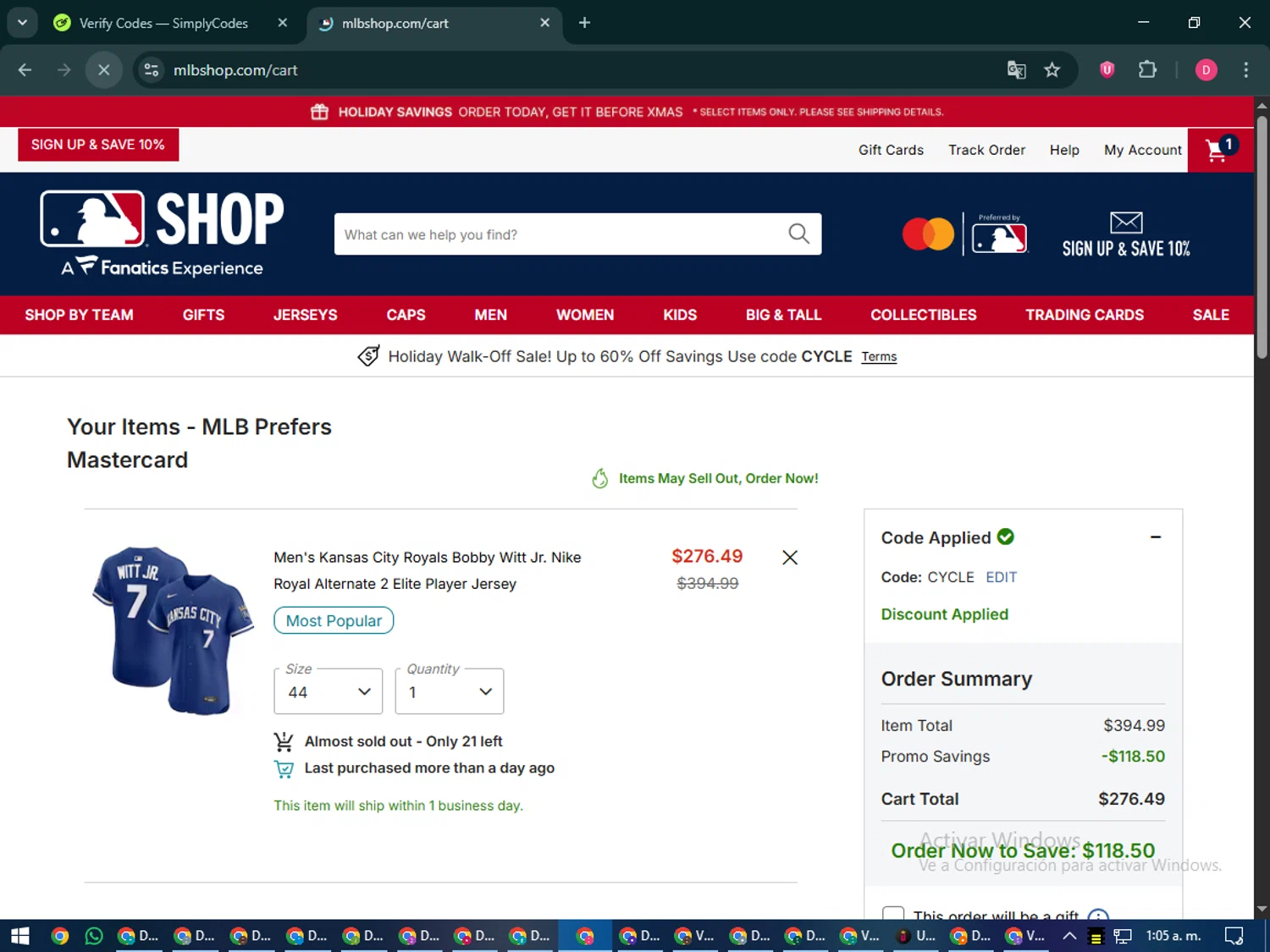Kansas City Royals coupon code screenshot showing code CYCLE applied at Kansas City Royals checkout page. Uploaded by SimplyCodes community member MoneySeeker7165 on Dec 19, 2025