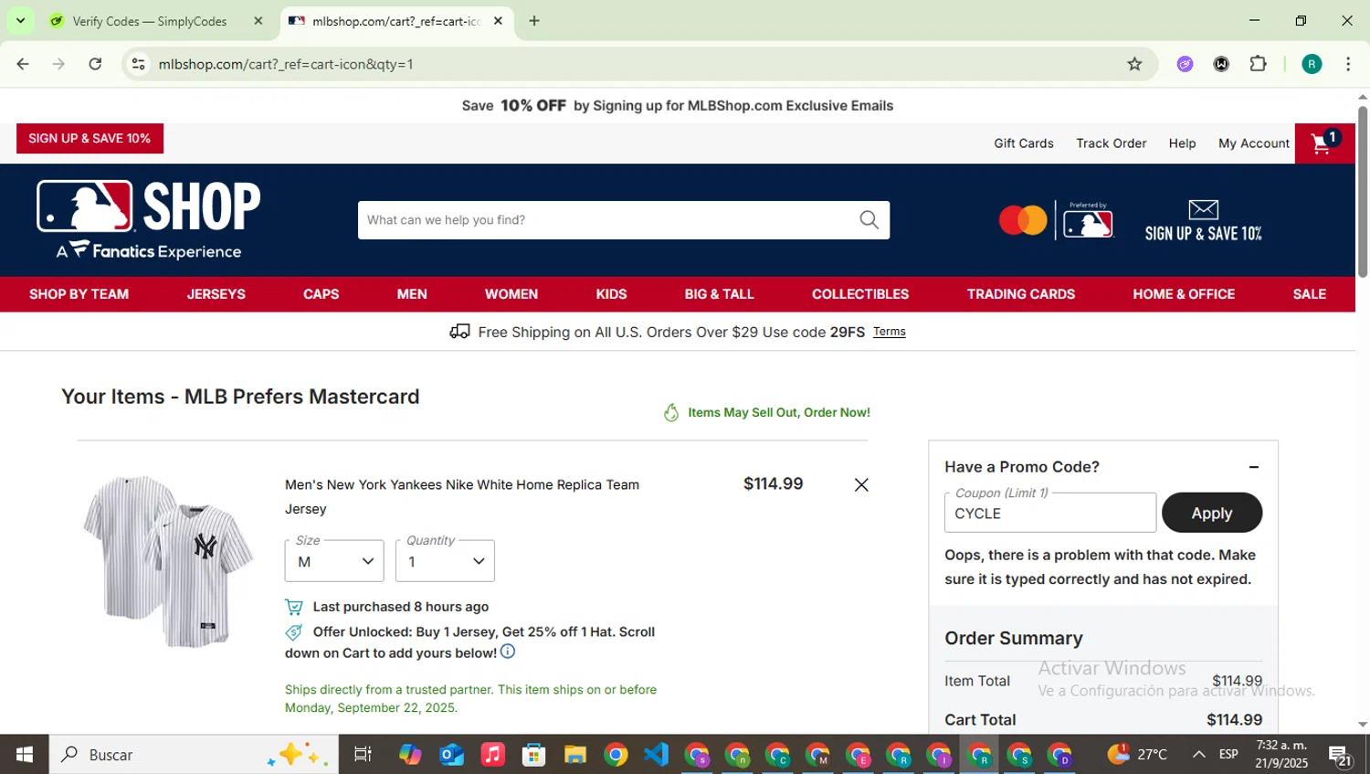 Kansas City Royals coupon code screenshot showing code CYCLE applied at Kansas City Royals checkout page. Uploaded by SimplyCodes community member SavingsLegend387 on Sep 21, 2025