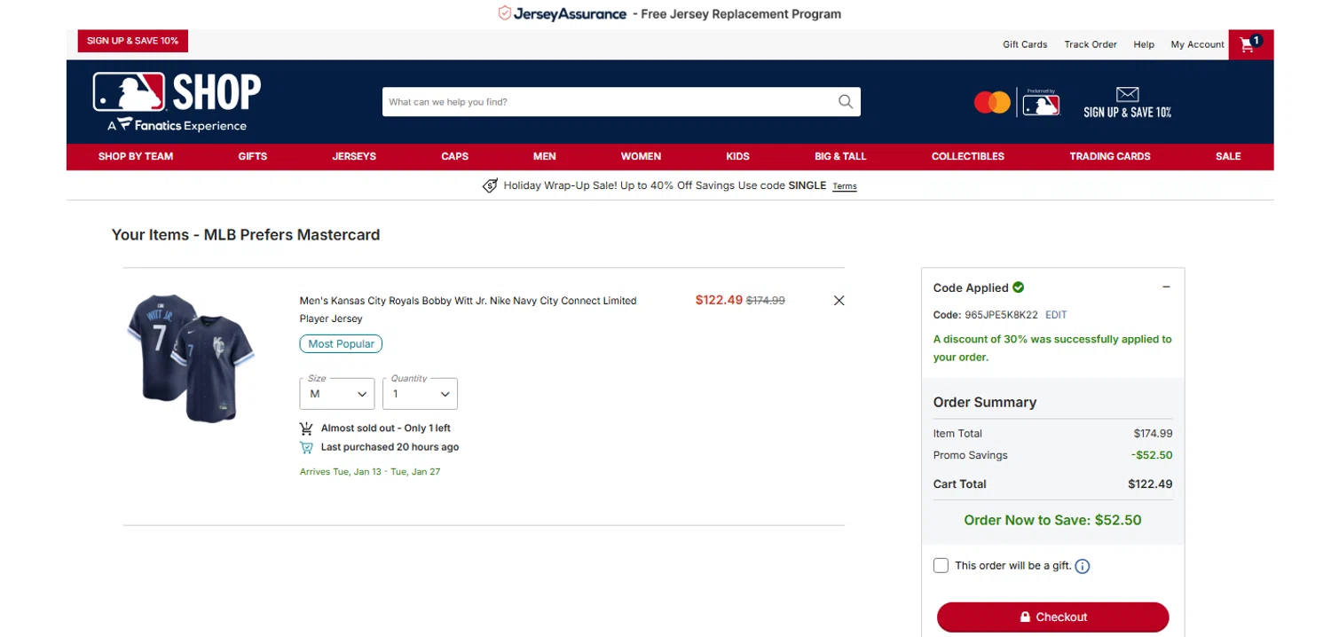 Kansas City Royals coupon code screenshot showing code 965JPE5K8K22 applied at Kansas City Royals checkout page. Uploaded by SimplyCodes community member OnlywM on Dec 26, 2025