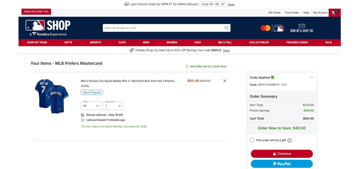 Kansas City Royals coupon code screenshot showing code MVPYVZ2N8P7K applied at Kansas City Royals checkout page. Uploaded by SimplyCodes community member OnlywM on Dec 22, 2025