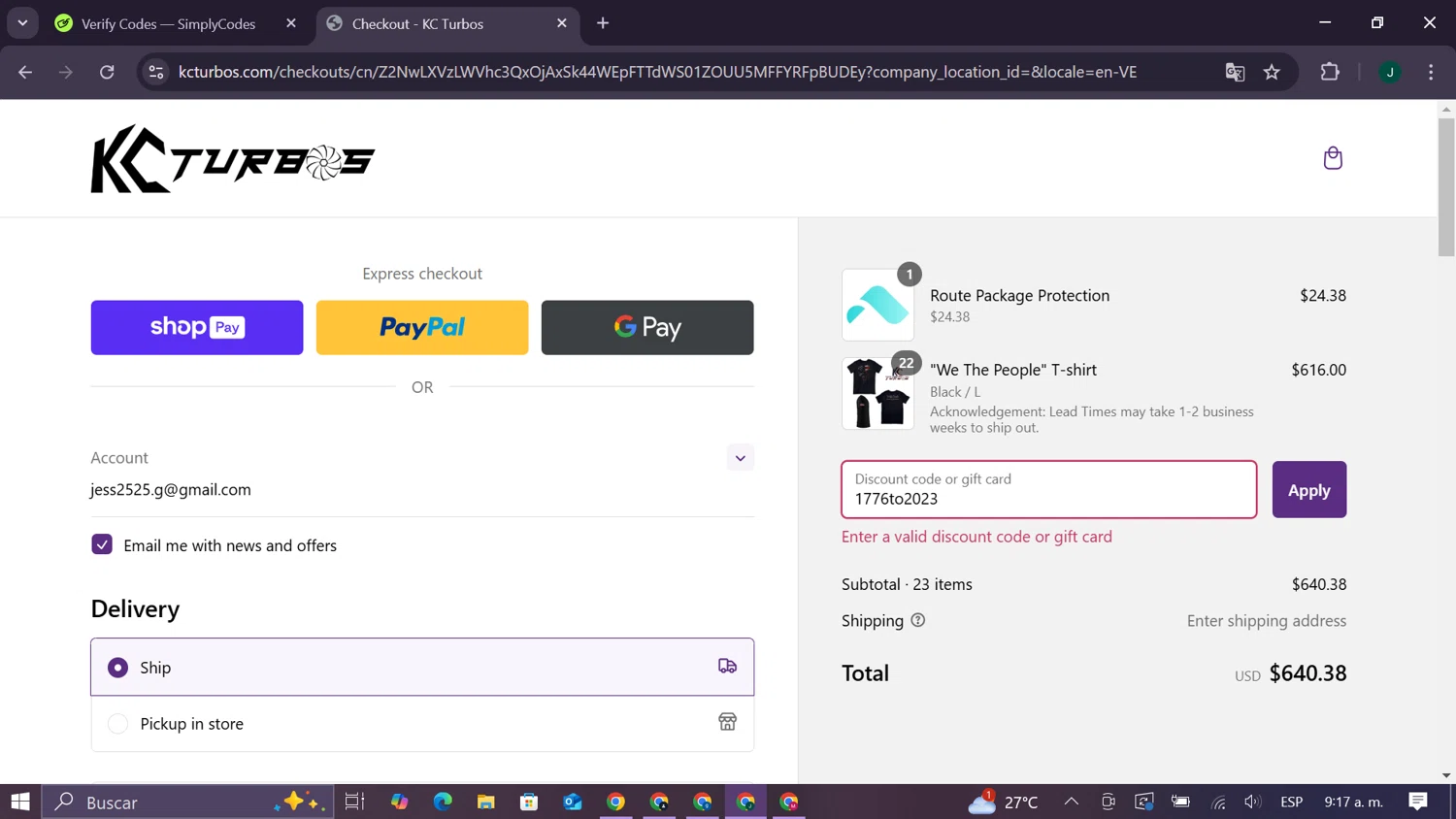 KC Turbos discount code screenshot showing code 1776to2023 applied at KC Turbos checkout page. Uploaded by SimplyCodes community member CleverElite8110 on Mar 1, 2025