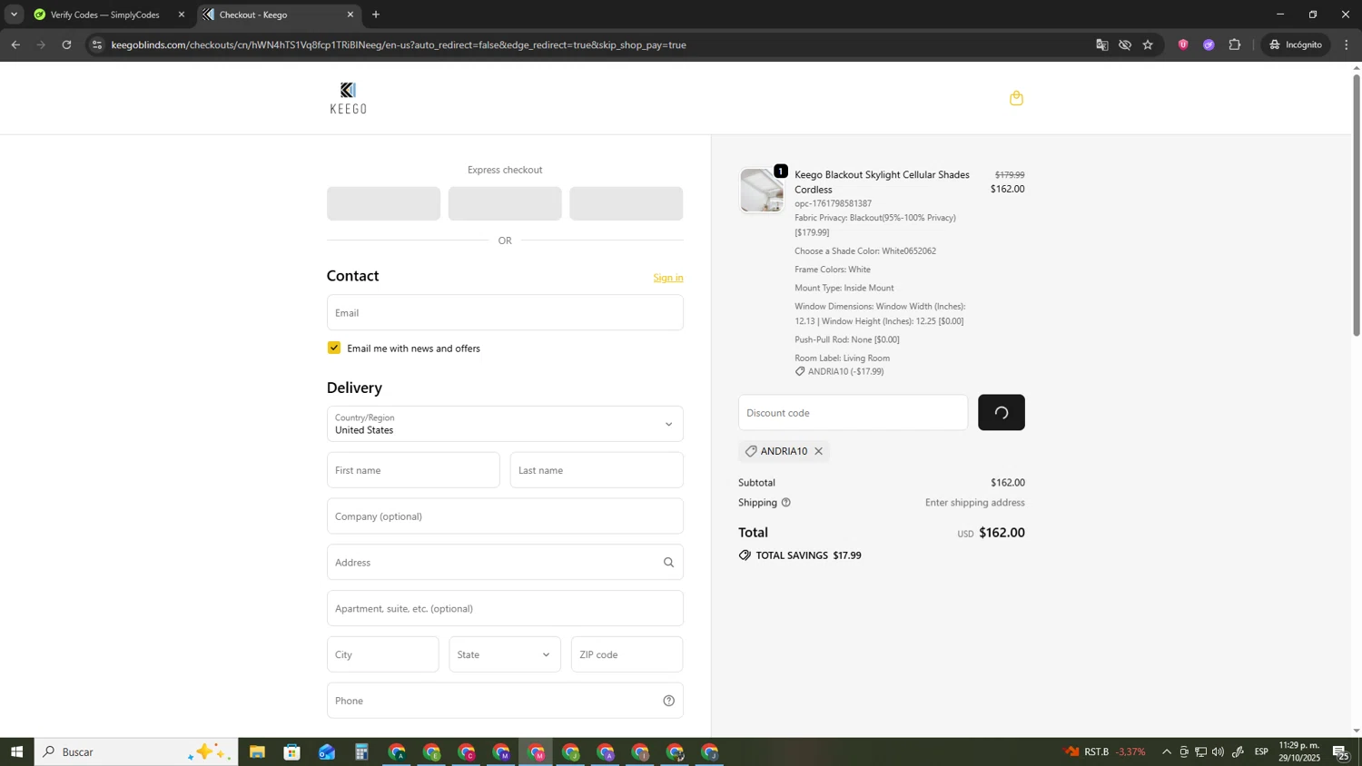 KEEGO Blinds promo code screenshot showing code ANDRIA10 applied at KEEGO Blinds checkout page. Uploaded by SimplyCodes community member CBR600 on Oct 30, 2025