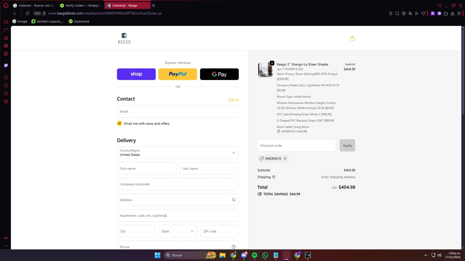 KEEGO Blinds promo code screenshot showing code ANDRIA10 applied at KEEGO Blinds checkout page. Uploaded by SimplyCodes community member LuckyVoyager5522 on Nov 17, 2025