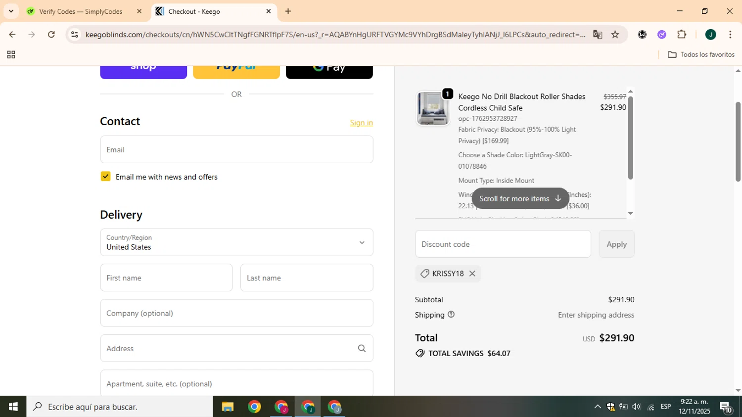 KEEGO Blinds promo code screenshot showing code KRISSY18 applied at KEEGO Blinds checkout page. Uploaded by SimplyCodes community member CrownOwl1879 on Nov 12, 2025