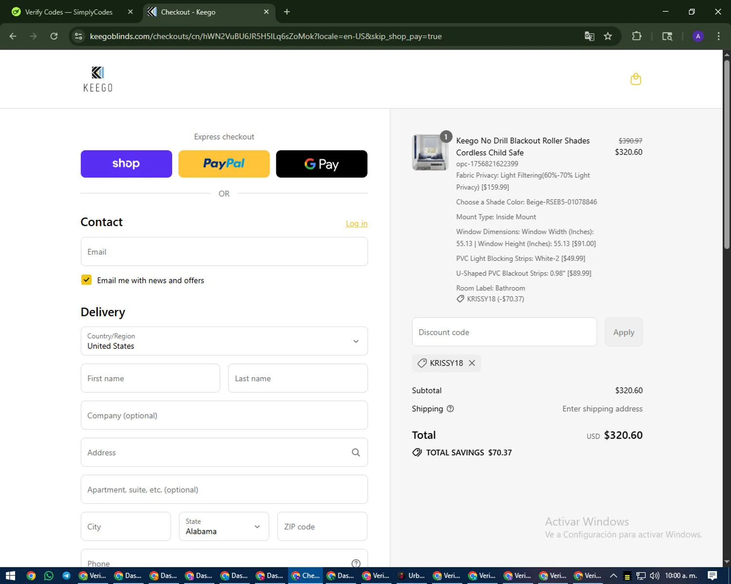 KEEGO Blinds promo code screenshot showing code KRISSY18 applied at KEEGO Blinds checkout page. Uploaded by SimplyCodes community member MagnificentWarden4603 on Sep 2, 2025