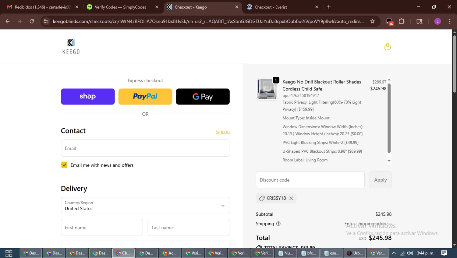 KEEGO Blinds promo code screenshot showing code KRISSY18 applied at KEEGO Blinds checkout page. Uploaded by SimplyCodes community member RewardScout5160 on Nov 6, 2025