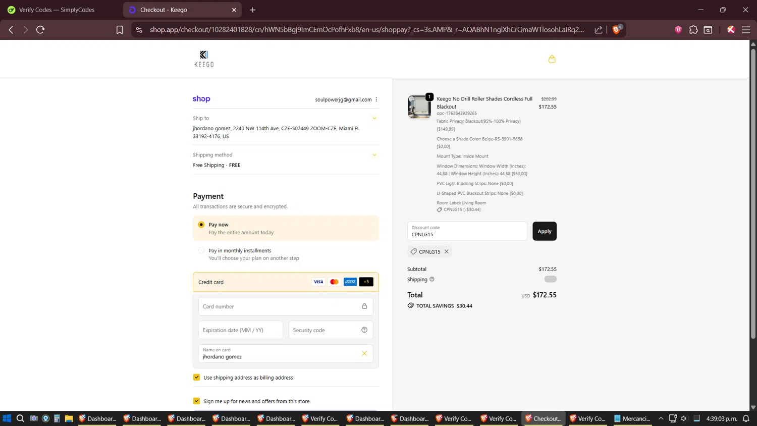 KEEGO Blinds promo code screenshot showing code CPNLG15 applied at KEEGO Blinds checkout page. Uploaded by SimplyCodes community member Sesshomaru on Nov 22, 2025