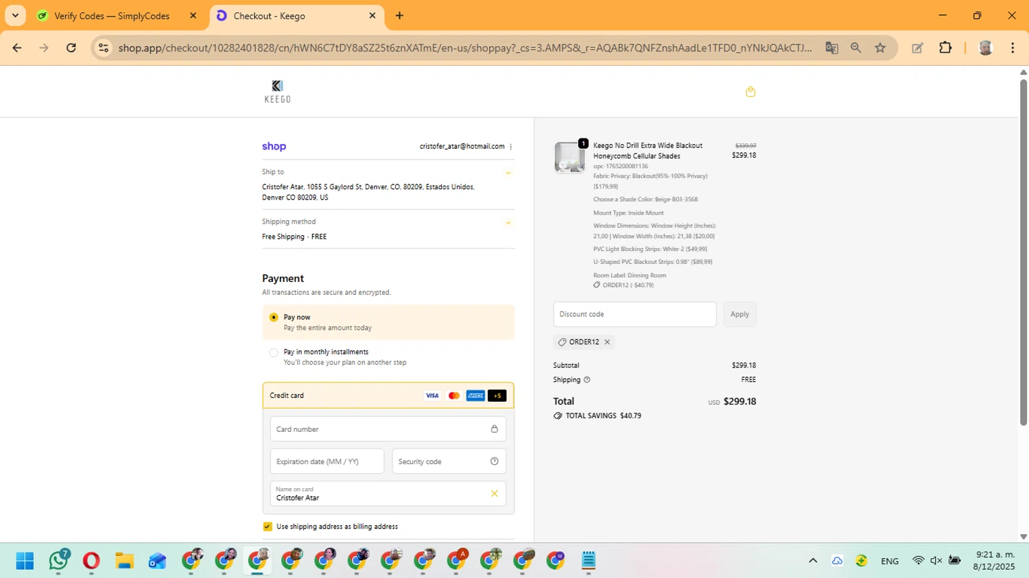 KEEGO Blinds promo code screenshot showing code ORDER12 applied at KEEGO Blinds checkout page. Uploaded by SimplyCodes community member ManuelF on Dec 8, 2025