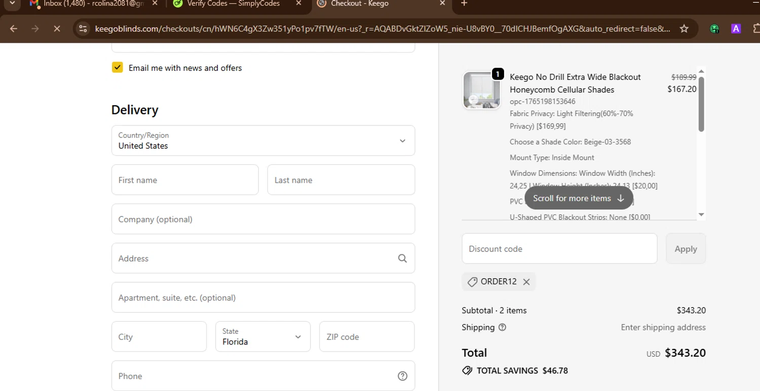 KEEGO Blinds promo code screenshot showing code ORDER12 applied at KEEGO Blinds checkout page. Uploaded by SimplyCodes community member SnoopDogg on Dec 8, 2025