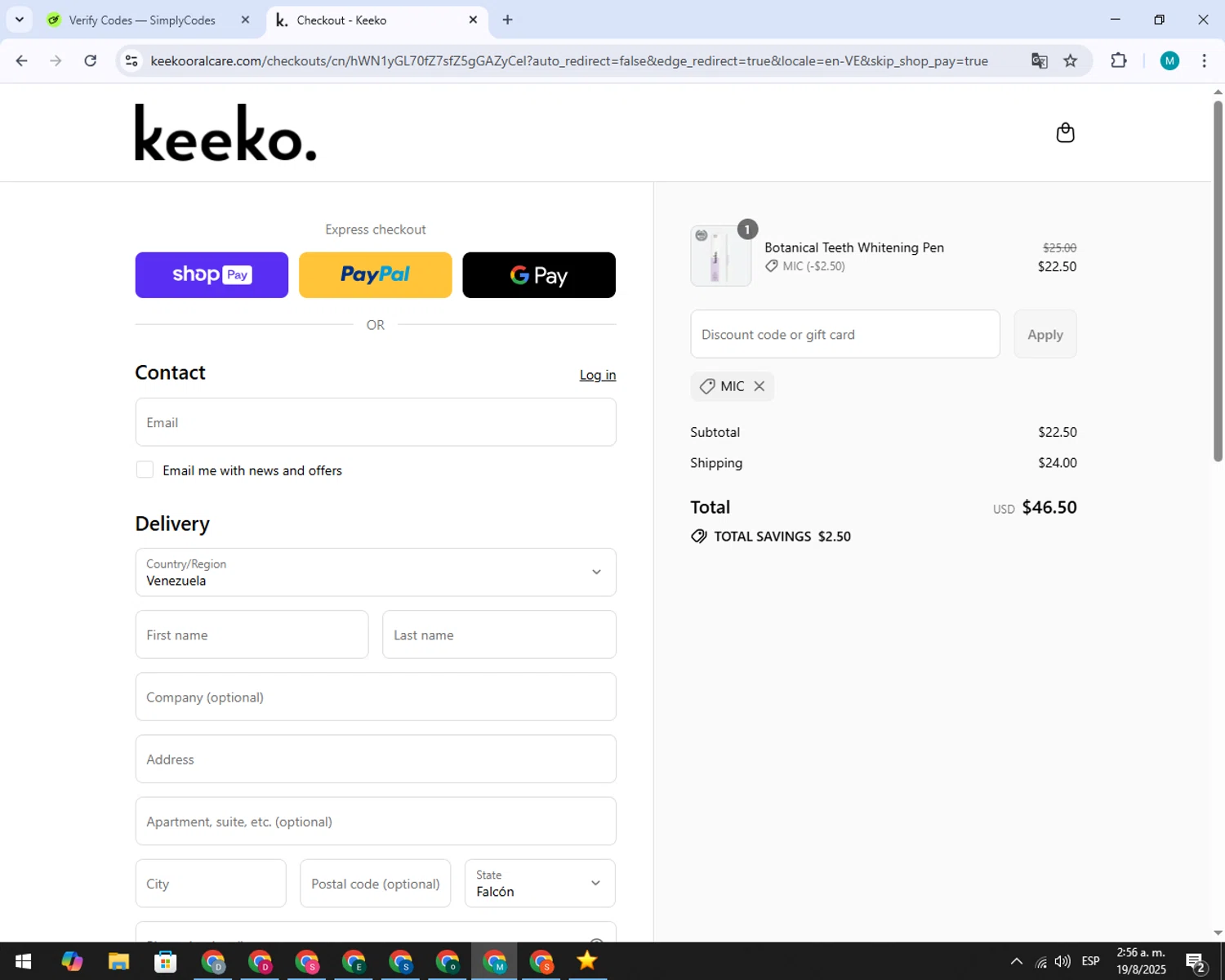 Keeko Oral Care promo code screenshot showing code MIC applied at Keeko Oral Care checkout page. Uploaded by SimplyCodes community member 000005 on Aug 19, 2025