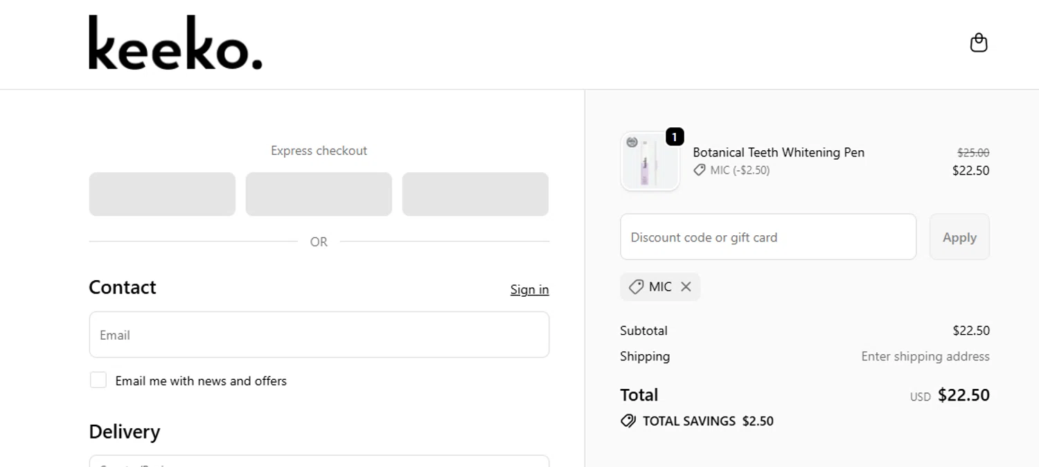 Keeko Oral Care promo code screenshot showing code MIC applied at Keeko Oral Care checkout page. Uploaded by SimplyCodes community member CouponLion324 on Dec 25, 2025