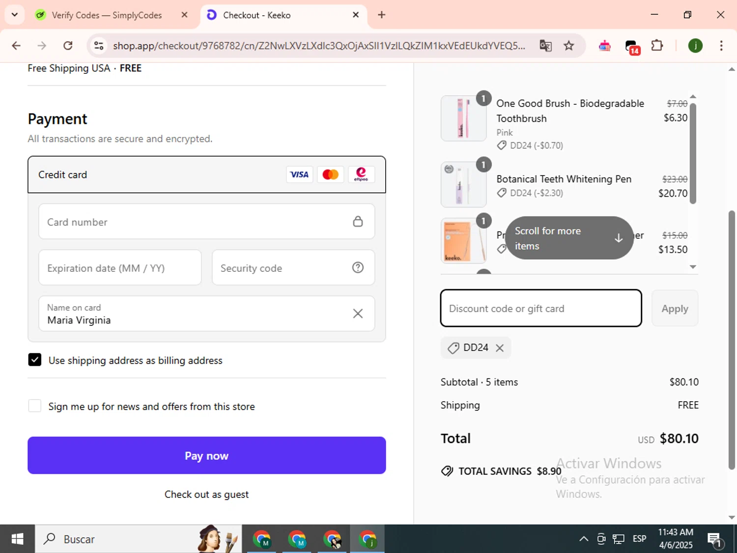 Keeko Oral Care promo code screenshot showing code DD24 applied at Keeko Oral Care checkout page. Uploaded by SimplyCodes community member SavingsCollector2592 on Apr 6, 2025