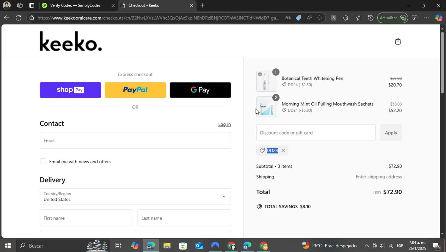 Keeko Oral Care promo code screenshot showing code DD24 applied at Keeko Oral Care checkout page. Uploaded by SimplyCodes community member WonderKnight7884 on Jan 26, 2025