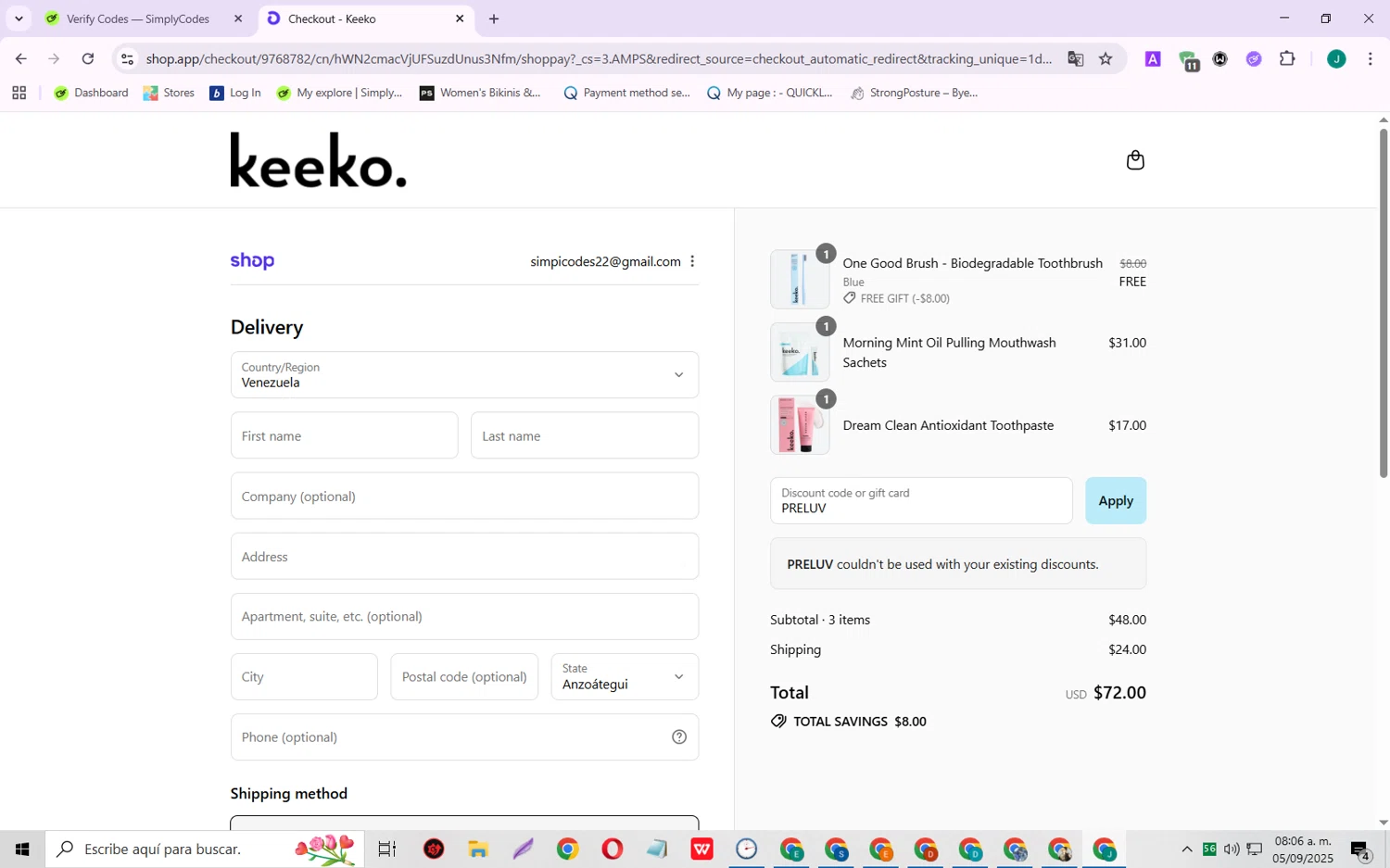 Keeko Oral Care promo code screenshot showing code PRELUV applied at Keeko Oral Care checkout page. Uploaded by SimplyCodes community member SarayH on Sep 5, 2025