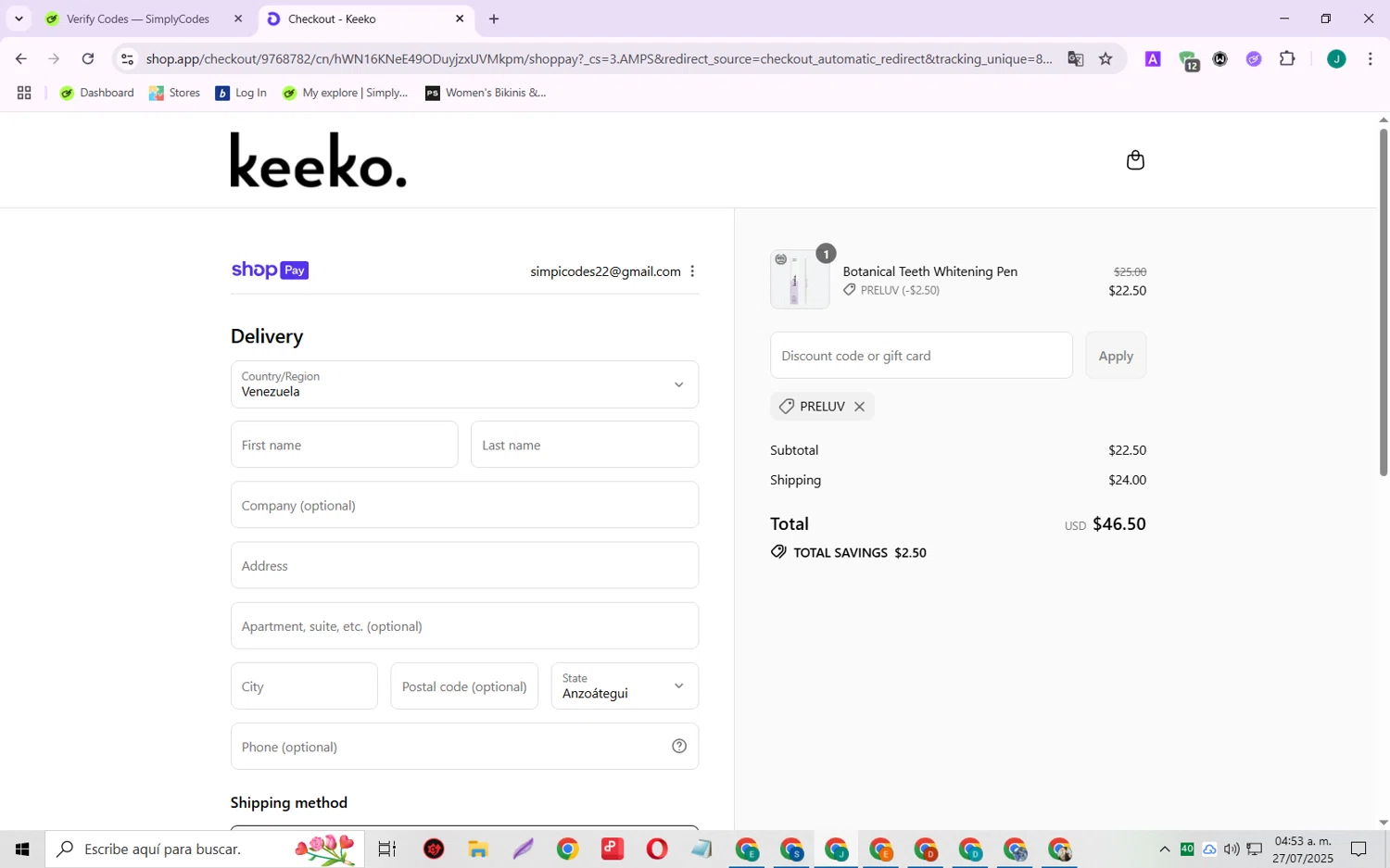 Keeko Oral Care promo code screenshot showing code PRELUV applied at Keeko Oral Care checkout page. Uploaded by SimplyCodes community member SarayH on Jul 27, 2025