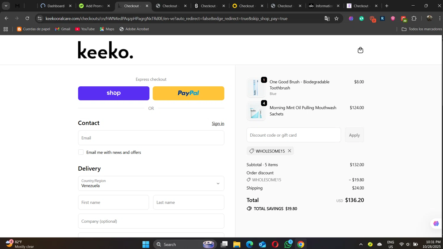 Keeko Oral Care promo code screenshot showing code wholesome15 applied at Keeko Oral Care checkout page. Uploaded by SimplyCodes community member naimbethak on Oct 29, 2025