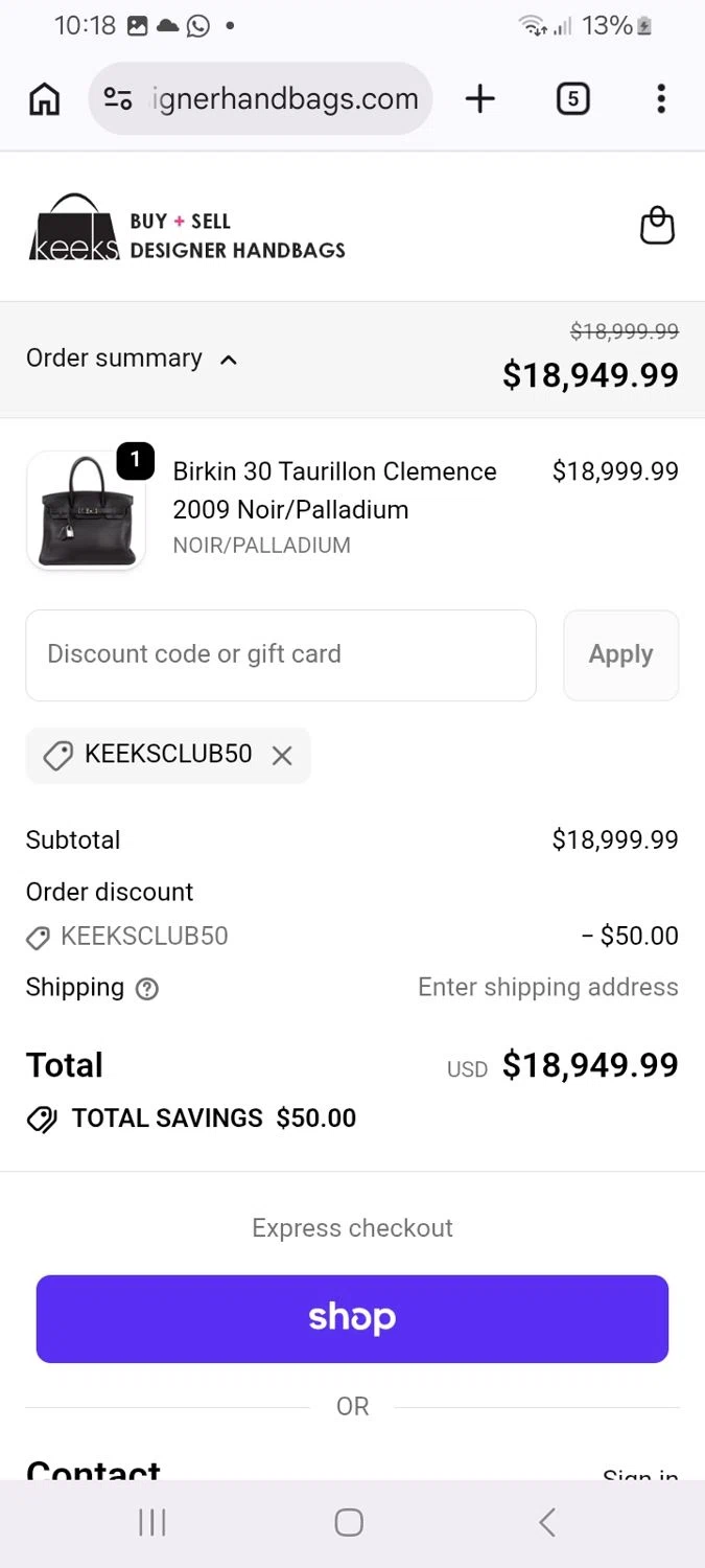Keeks Designer Handbags promo code screenshot showing code KEEKSCLUB50 applied at Keeks Designer Handbags checkout page. Uploaded by SimplyCodes community member ScanMaverick9378 on Jun 8, 2026