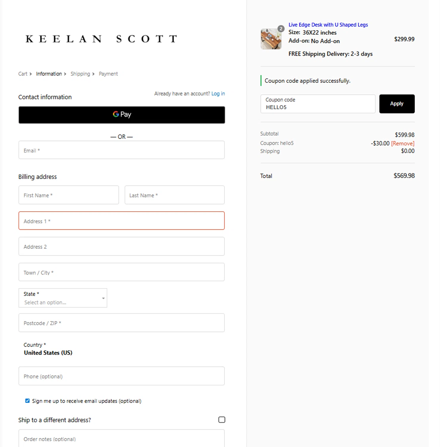 Keelan Scott coupon code screenshot showing code HELLO5 applied at Keelan Scott checkout page. Uploaded by SimplyCodes community member reggiesmith on Jan 19, 2026