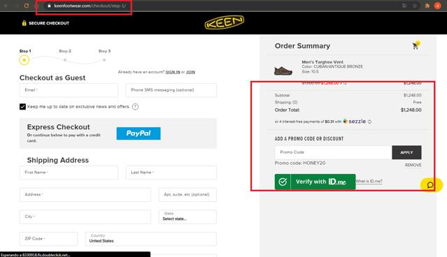 KEEN Footwear checkout page showing KEEN Footwear promo code box | Screenshot taken by SimplyCodes community member on Mar 23, 2021
