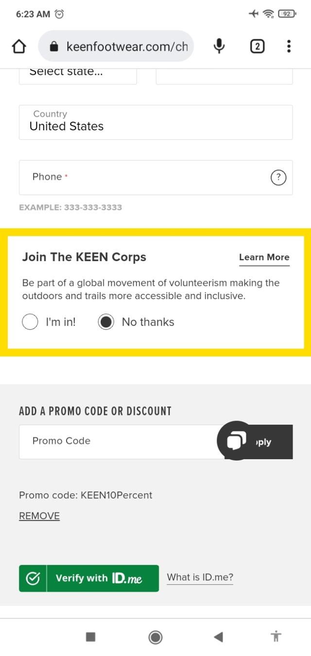 KEEN Footwear checkout page showing KEEN Footwear promo code box | Screenshot taken by SimplyCodes community member on Dec 5, 2022