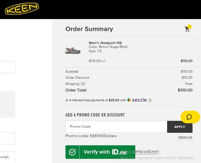 KEEN Footwear checkout page showing KEEN Footwear promo code box | Screenshot taken by SimplyCodes community member on Mar 10, 2021