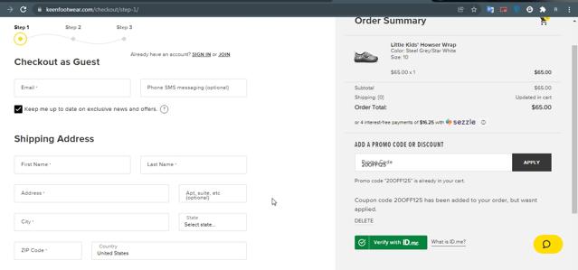 KEEN Footwear checkout page showing KEEN Footwear promo code box | Screenshot taken by SimplyCodes community member on Dec 6, 2021