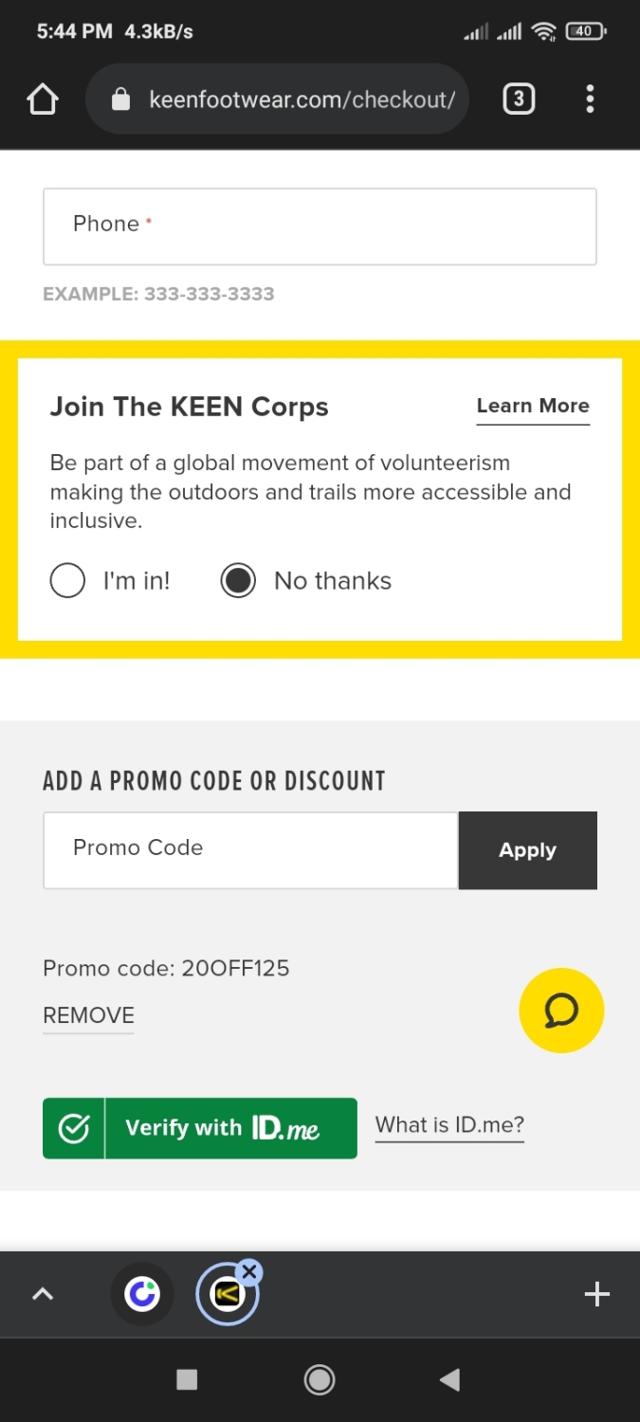 KEEN Footwear checkout page showing KEEN Footwear promo code box | Screenshot taken by SimplyCodes community member on Jan 10, 2022