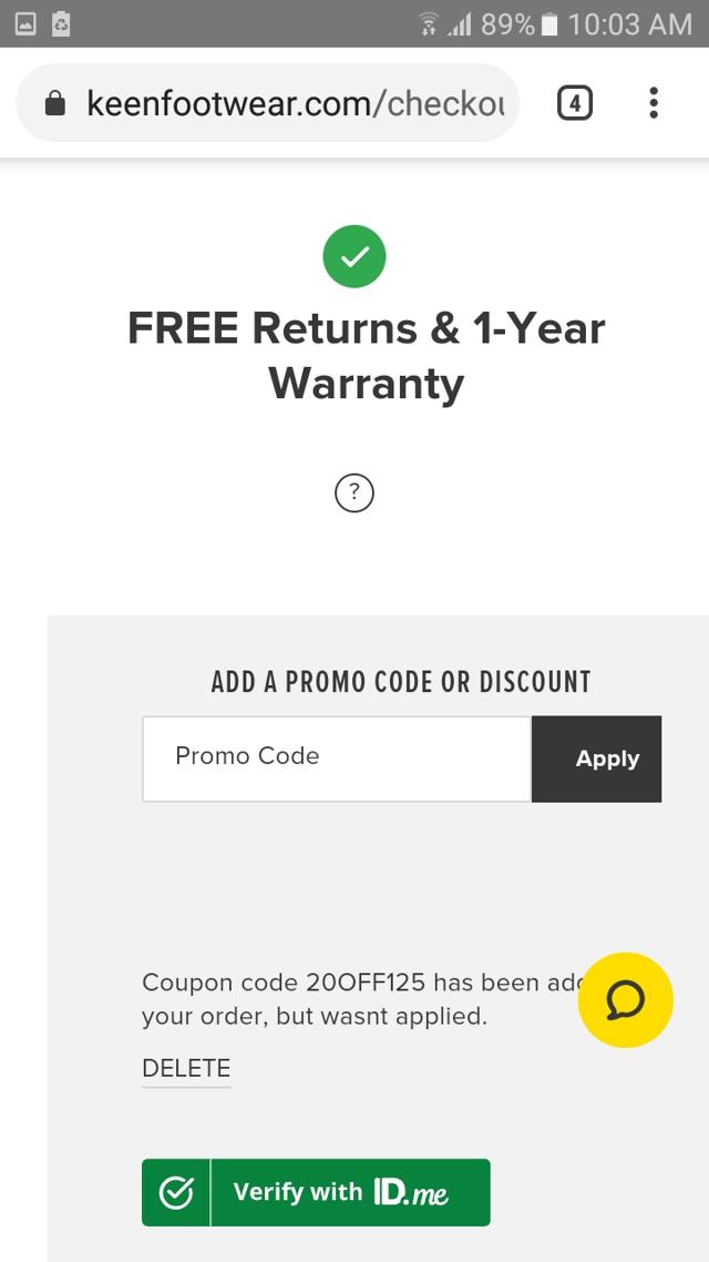 KEEN Footwear checkout page showing KEEN Footwear promo code box | Screenshot taken by SimplyCodes community member on Aug 28, 2021