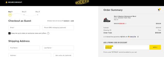 KEEN Footwear checkout page showing KEEN Footwear promo code box | Screenshot taken by SimplyCodes community member on Mar 5, 2022