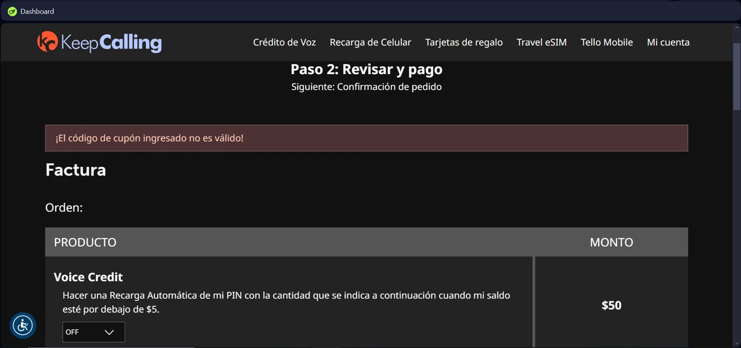KeepCalling coupon code screenshot showing code SAVE50 applied at KeepCalling checkout page. Uploaded by SimplyCodes community member azulcarysal on Jan 3, 2025